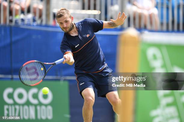 Daniel Evans on Day Seven of the Fuzion 100 Surbiton Trophy at the Surbiton Racket & Fitness Club, Surrey, United Kingdom."