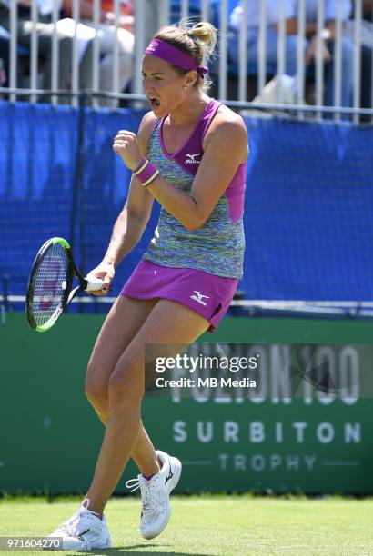 Conny Perrin after winning her match on Day Seven of the Fuzion 100 Surbiton Trophy at the Surbiton Racket & Fitness Club, Surrey, United Kingdom."