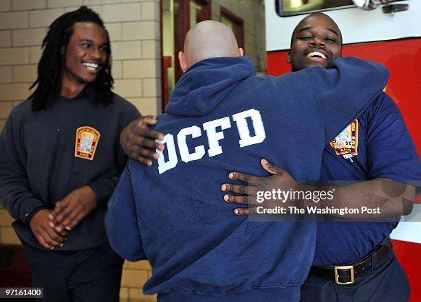 November 2008 CREDIT: Katherine Frey / TWP. Washington, DC. Firefighters chat about the election and race Firefighters from the West End joke around...