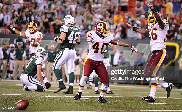 East Rutherford, NJ. Redskins at Jets. Here, the Redskins' celebrate the missed field goal at the end of the game.