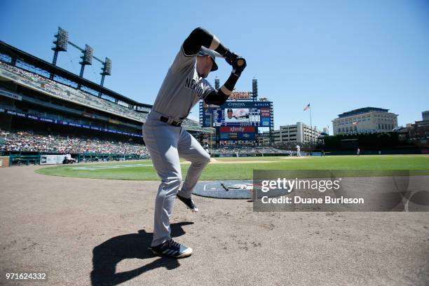 Clint Frazier of the New York Yankees warms up to bat against the Detroit Tigers during game one of a doubleheader at Comerica Park on June 4, 2018...