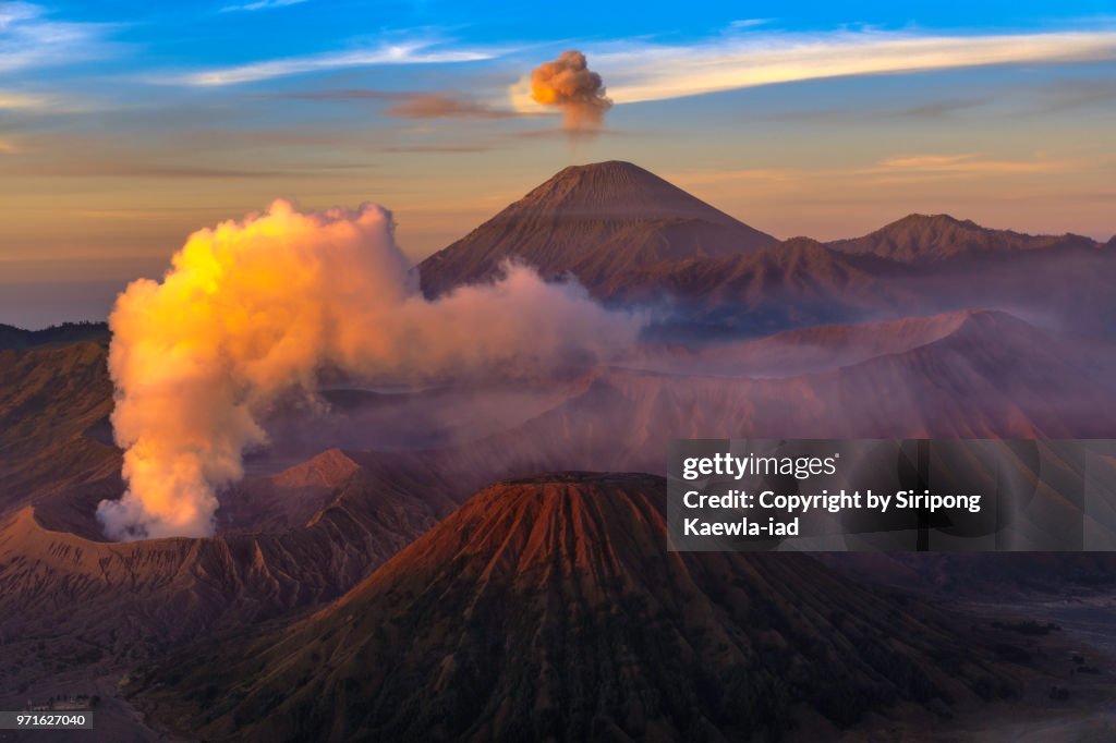 Close up of the volcanic landscape of the Mt.Bromo, Mt.Batok and Mt.Semeru, East Java, Indonesia.