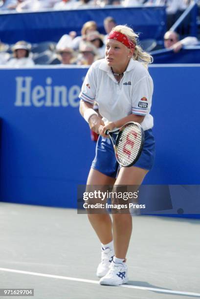 Barbara Rittner plays tennis at the US Open circa 1996 in New York City.