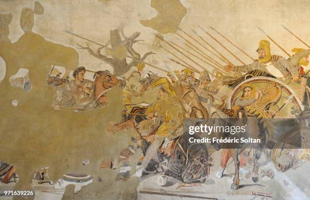 Alexander the Great King of Macedonia . Alexander the Great in the Battle of Isos . Roman mosaic from The House of Faun . Detail. Archaelogical...