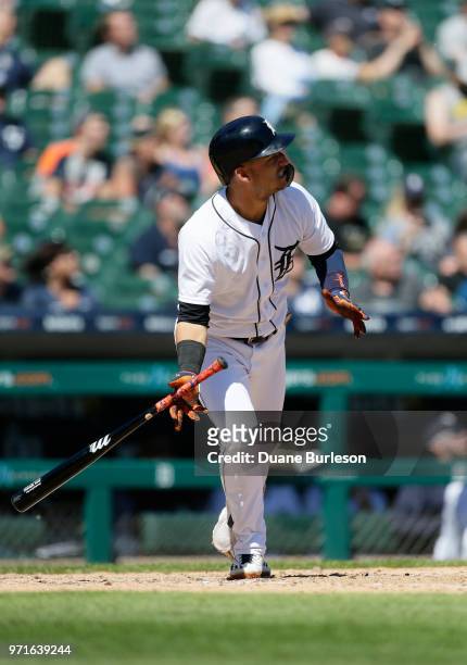 Jose Iglesias of the Detroit Tigers hits a double against the New York Yankees in game one of a doubleheader at Comerica Park on June 4, 2018 in...