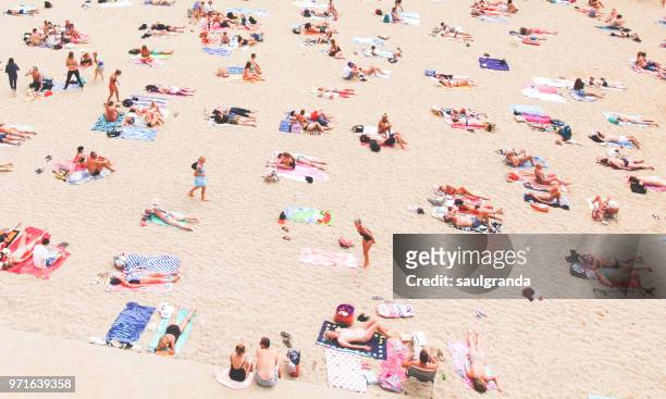 high angle view of a beach full of people - aerial beach view sunbathers stock pictures, royalty-free photos & images
