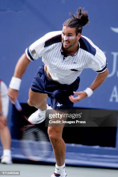 Patrick Rafter plays tennis at the US Open circa 1998 in New York City.