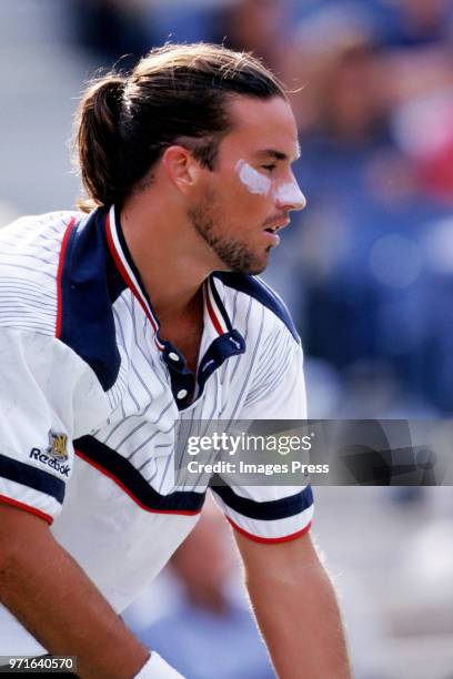 Patrick Rafter plays tennis at the US Open circa 1998 in New York City.