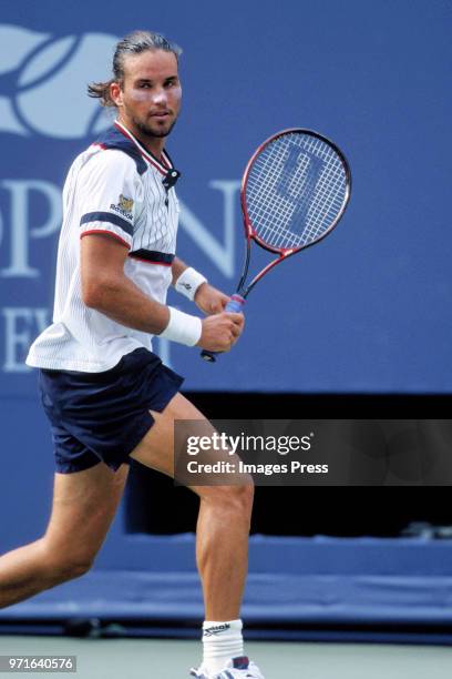 Patrick Rafter plays tennis at the US Open circa 1998 in New York City.