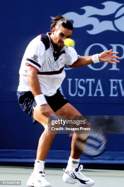 Patrick Rafter plays tennis at the US Open circa 1998 in New York City.