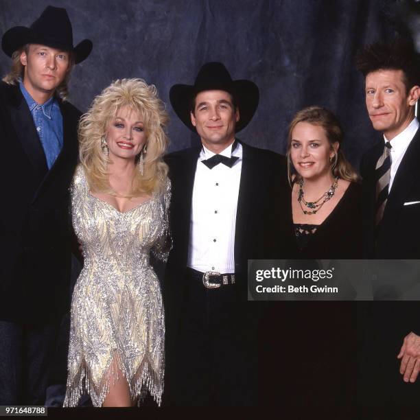 Country singers and songwriters Alan Jackson, Dolly Parton, Clint Black, Mary Chapin Carpenter, and Lyle Lovett backstage before the CMA Award Show...