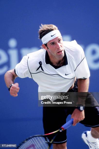 Greg Rusedski plays tennis at the US Open circa 1997 in New York City.