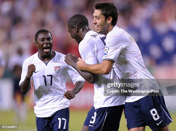 Washington, DC. US Men's Soccer vs. Cuba : World Cup qualifier. Here, Freddy Adu and Clint Dempsey celebrate Jozy Altidore's second half goal.