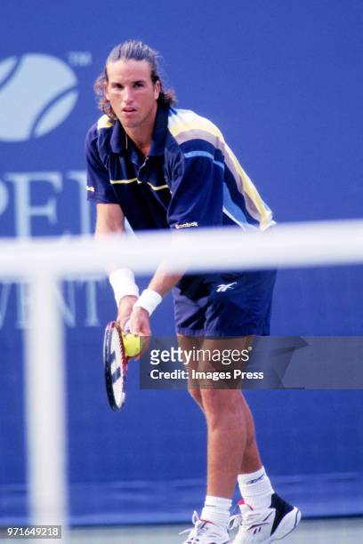 Patrick Rafter plays tennis at the US Open circa 1997 in New York City.