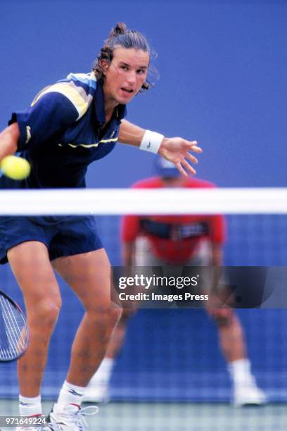 Patrick Rafter plays tennis at the US Open circa 1997 in New York City.