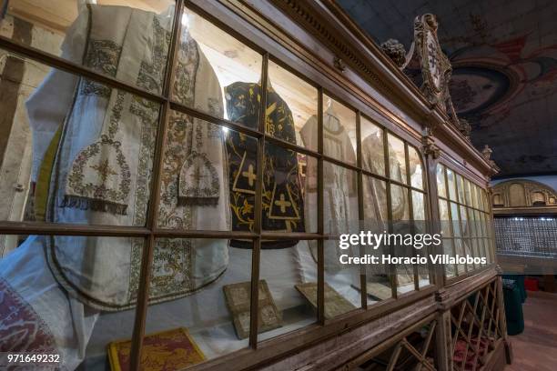 Priests' garments on display in the interior of Santa Clara Church, part of the Convent of Santa Clara, on May 28, 2018 in Vila do Conde, Portugal....