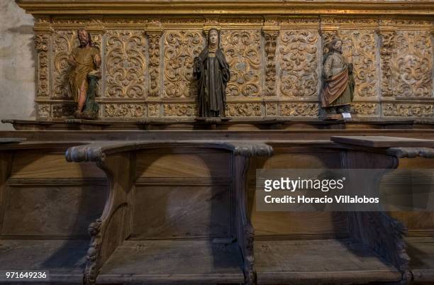 Religious figures and seats in the nuns' section of Santa Clara Church, part of the Convent of Santa Clara, on May 28, 2018 in Vila do Conde,...