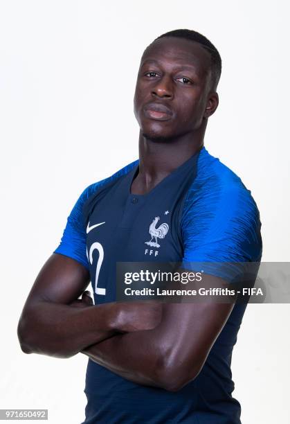 Benjamin Mendy of France poses for a portrait during the official FIFA World Cup 2018 portrait session at the Team Hotel on June 11, 2018 in Moscow,...
