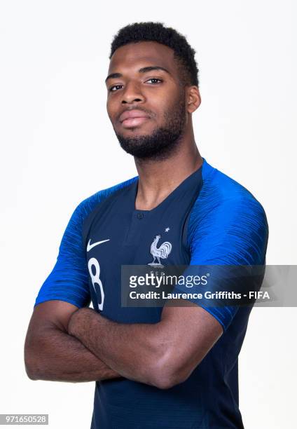 Thomas Lemar of France poses for a portrait during the official FIFA World Cup 2018 portrait session at the Team Hotel on June 11, 2018 in Moscow,...