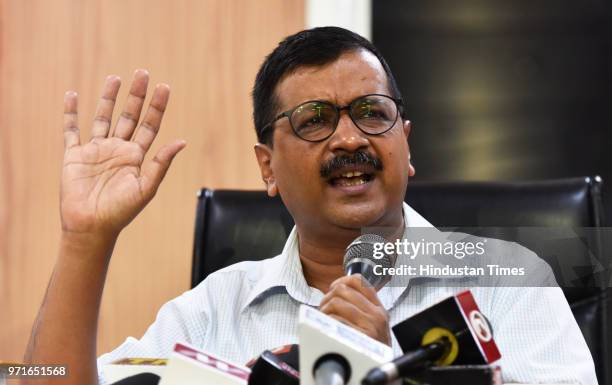 Delhi Chief Minister Arvind Kejriwal during a press conference at his official residence at Civil Lines over IAS officers strike on June 11, 2018 in...