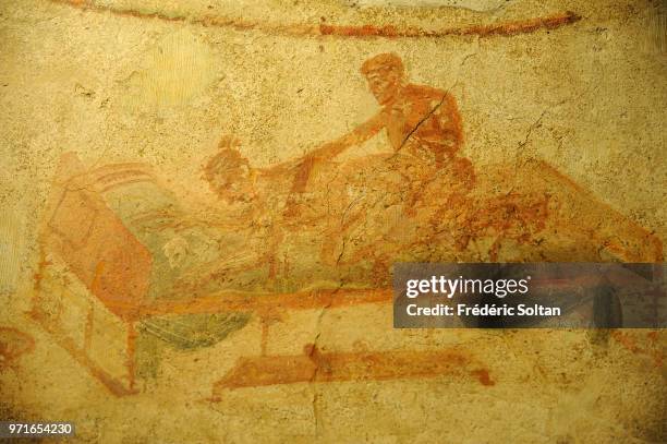 Roman City of Pompeii. Erotic fresco from the Lupanar, , Campania, Italy. Roman civilisation, 1st century AD. In Naples on January 10 Italy.