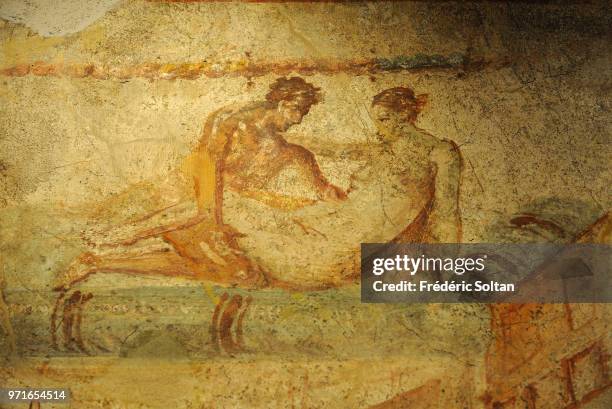 Roman City of Pompeii. Erotic fresco from the Lupanar, , Campania, Italy. Roman civilisation, 1st century AD. In Naples on January 10 Italy.