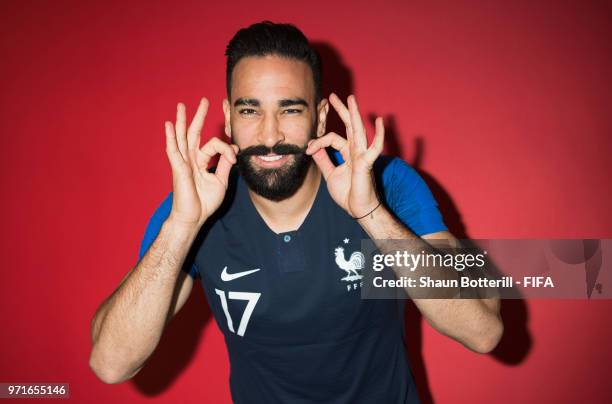 Adil Rami of France poses for a potrait at the team hotel during the official FIFA World Cup 2018 portrait session at on June 11, 2018 in Moscow,...