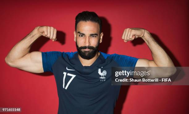 Adil Rami of France poses for a potrait at the team hotel during the official FIFA World Cup 2018 portrait session at on June 11, 2018 in Moscow,...