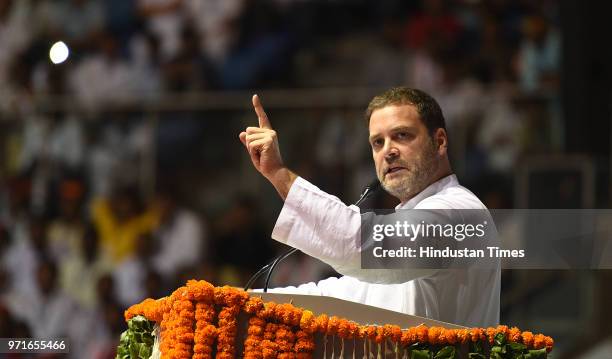 Congress President Rahul Gandhi addresses the national convention of Other Backward Classes department of AICC, at Talkatora Stadium on June 11, 2018...