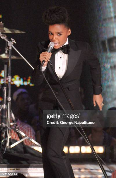 Janelle Monae performs at the BET's Rip The Runway 2010 at the Hammerstein Ballroom on February 27, 2010 in New York City.