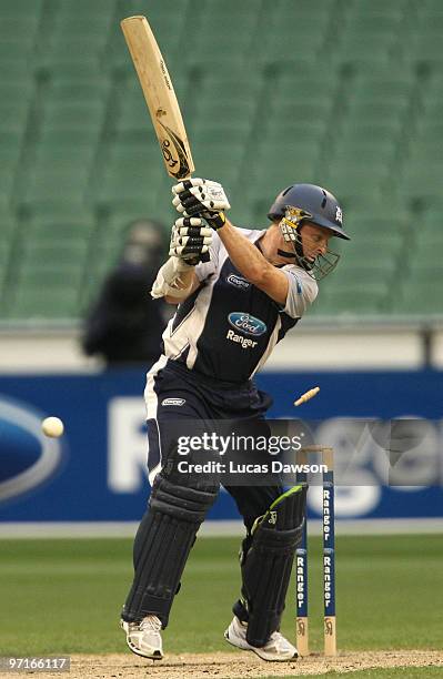 Chris Rogers of the Bushrangers hits the ball on to the stumps during the Ford Ranger Cup Final match between the Victorian Bushrangers and the...
