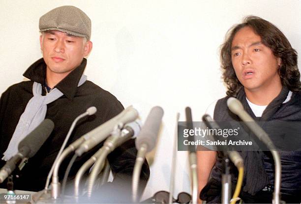 Kazuyoshi Miura and Tsuyoshi Kitazawa speak during a press conference after being dropped from 1998 France World Cup squad at New Tokyo International...
