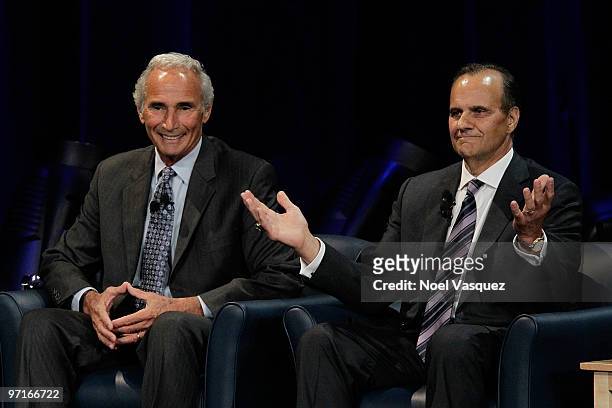 Joe Torre and Sandy Koufax speak at the "Koufax And Torre - Safe At Home" event at Nokia Theatre LA Live on February 27, 2010 in Los Angeles,...