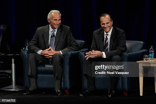 Joe Torre and Sandy Koufax speak at the "Koufax And Torre - Safe At Home" event at Nokia Theatre LA Live on February 27, 2010 in Los Angeles,...