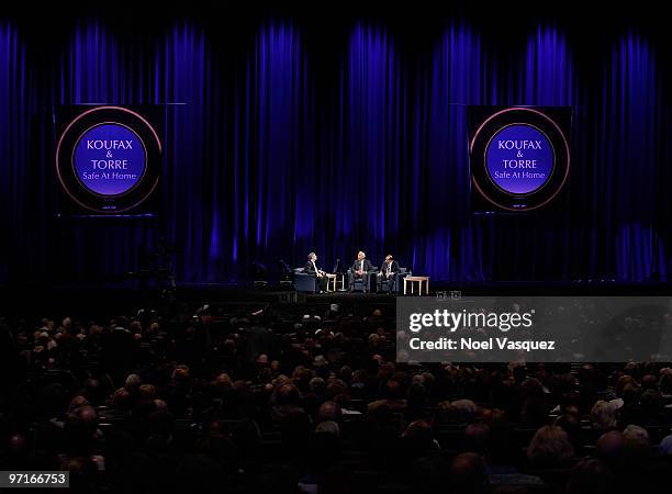 Simers, Sandy Koufax and Joe Torre speak at the "Koufax And Torre - Safe At Home" event at Nokia Theatre LA Live on February 27, 2010 in Los Angeles,...