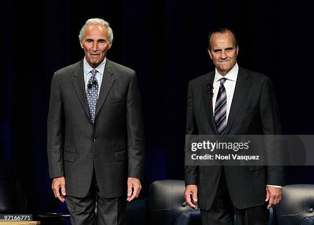 Joe Torre and Sandy Koufax speak at the "Koufax And Torre - Safe At Home" event at Nokia Theatre LA Live on February 27, 2010 in Los Angeles,...