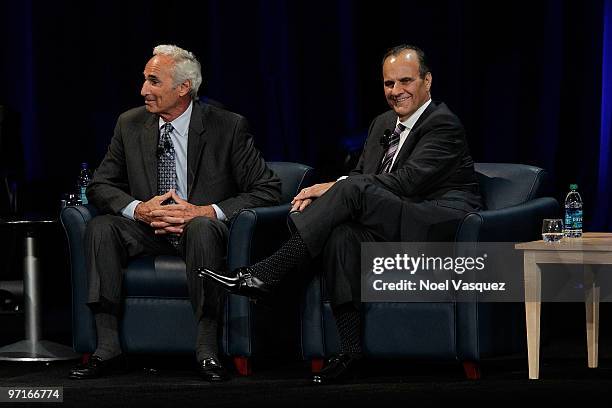 Joe Torre and Sandy Koufax speak at the "Koufax And Torre - Safe At Home" event at Nokia Theatre LA Live on February 27, 2010 in Los Angeles,...