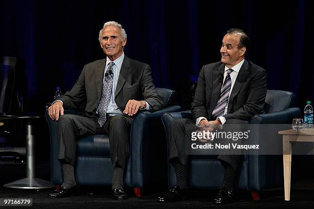Joe Torre and Sandy Koufax speak at the "Koufax And Torre - Safe At Home" event at Nokia Theatre LA Live on February 27, 2010 in Los Angeles,...