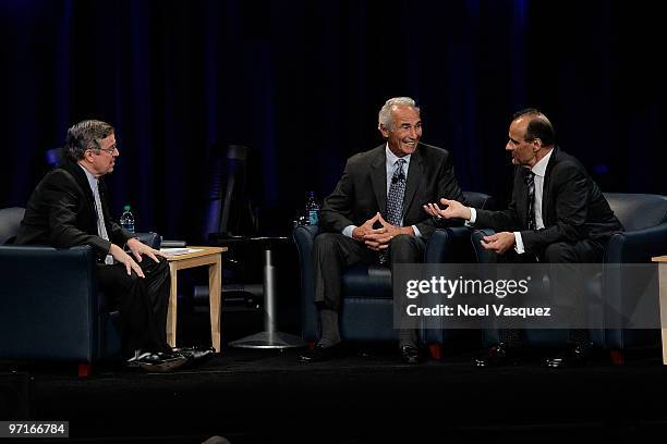 Simers, Sandy Koufax and Joe Torre speak at the "Koufax And Torre - Safe At Home" event at Nokia Theatre LA Live on February 27, 2010 in Los Angeles,...