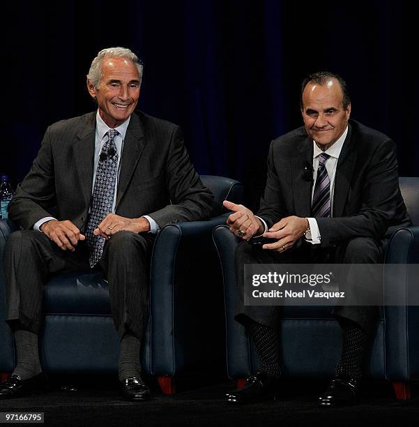 Joe Torre and Sandy Koufax speak at the "Koufax And Torre - Safe At Home" event at Nokia Theatre LA Live on February 27, 2010 in Los Angeles,...