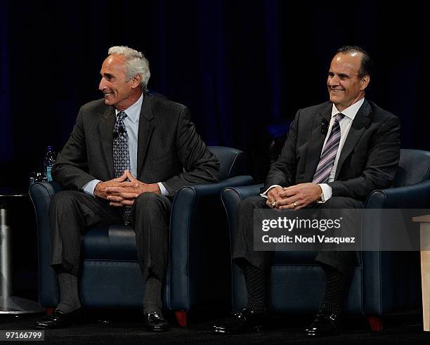 Joe Torre and Sandy Koufax speak at the "Koufax And Torre - Safe At Home" event at Nokia Theatre LA Live on February 27, 2010 in Los Angeles,...