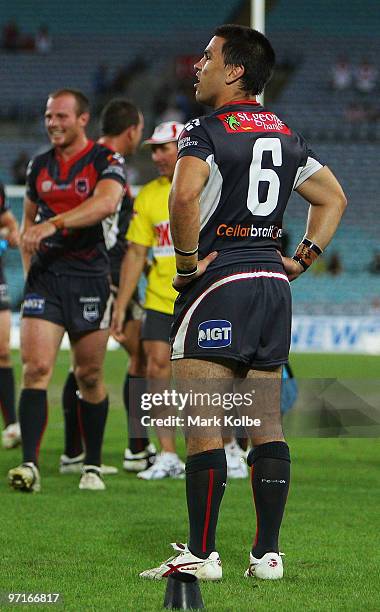 Jamie Soward of the Dragons reacts after missing a conversion attempt to win the NRL Charity Shield match between the South Sydney Rabbitohs and the...