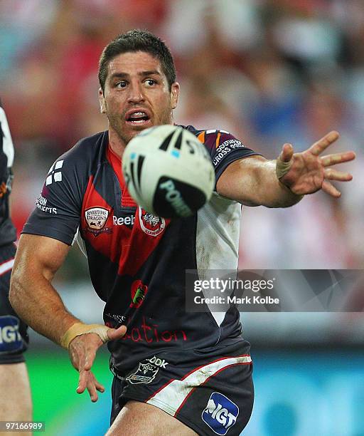 Luke Priddis of the Dragons passes during the NRL Charity Shield match between the South Sydney Rabbitohs and the St George Illawarra Dragons at ANZ...