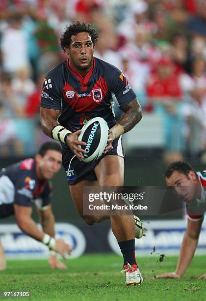 Jeremy Smith of the Dragons runs the ball during the NRL Charity Shield match between the South Sydney Rabbitohs and the St George Illawarra Dragons...