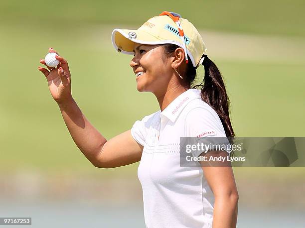 Ai Miyazato of Japan acknowledges the crowd after winning the HSBC Women's Champions at Tanah Merah Country Club on February 28, 2010 in Singapore,...