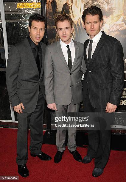 Actors Jon Seda, Joseph Mazzello and James Badge Dale attend the premiere of HBO's new miniseries "The Pacific" at Grauman's Chinese Theatre on...