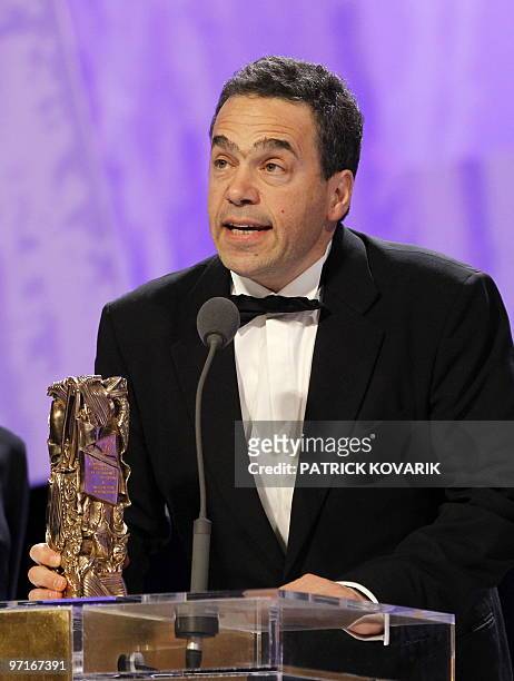 French co-director of "L'enfer" by Henri-Georges Clouzot, Serge Bromberg gives a speech after receiving the award for the best documentary feature...