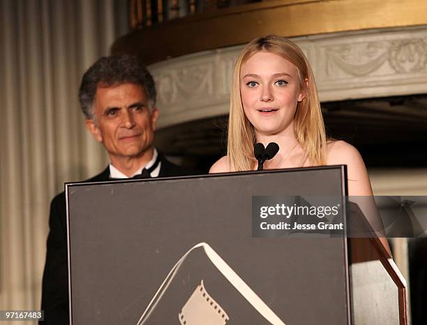 Sound mixer Agamemnon Andrianos and actress Dakota Fanning attend the 46th Annual Cinema Audio Society Awards at the Millennium Biltmore Hotel on...