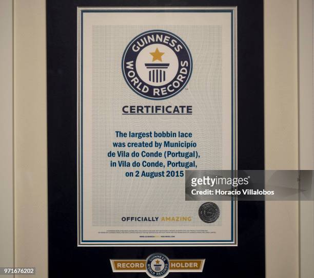 Certificate for the largest bobbin lace, issued by Guinness Book of Records in 2015, on display at the Bobbin Lace School and Museum on May 28, 2018...
