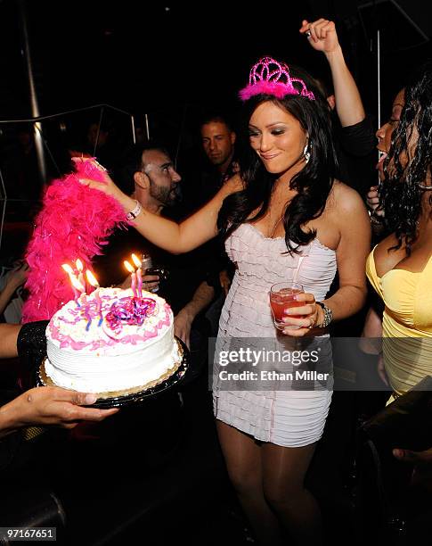Television personality Jenni "JWoWW" Farley from the MTV show, "Jersey Shore" is presented with a cake as she celebrates her 25th birthday at Moon...
